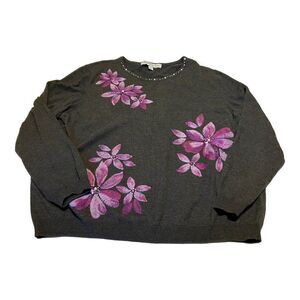 Samantha Grey Women’s Gray Floral Sweatshirt Size XL Orchids Pink Sweater Shirt